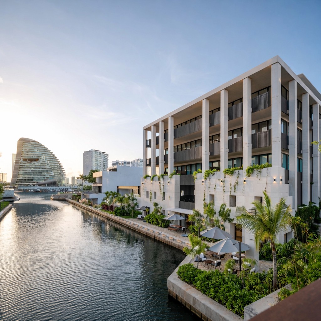 FertilyLife — modern waterfront offices in Puerto Cancún, Mexico, with the curved Shark Tower across the canal